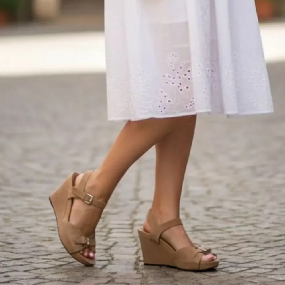 Taryn Rose Normcore Resortwear Takie Tan Suede Buckle Wedge